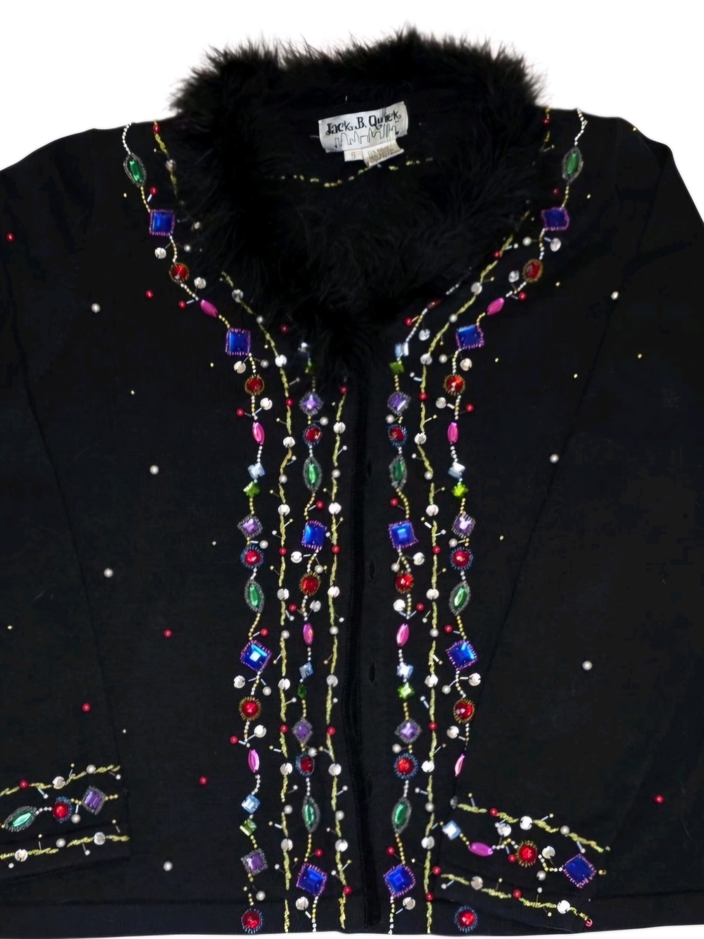 Jackie B. Quick Festive Holiday Black Beaded Evening Jacket with Faux-Fur Collar